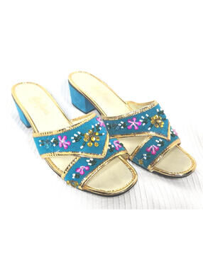 Vtg Teal Blue Velvet Mules Shoes Heels Slippers Gold Trim Beaded Flower Block 7
